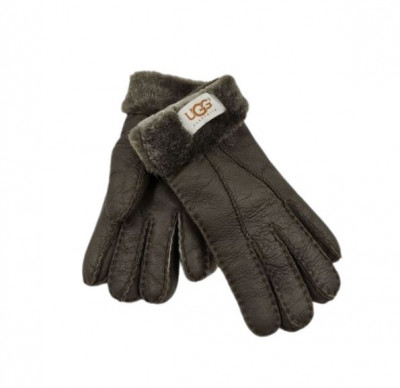 Женские Меховые Перчатки Ugg Шоколадные Кожаные (06)